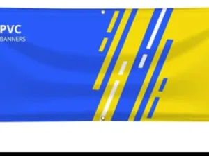 A blue and yellow PVC banner with eyelets in each corner
